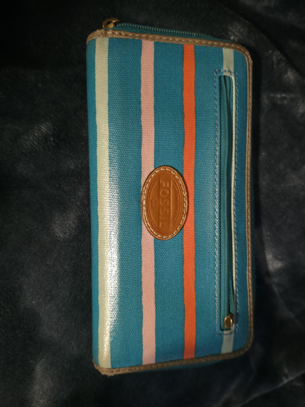 4/$67 Deal! Fossil Vintage Teal Wallet with Orange and Pink Stripes